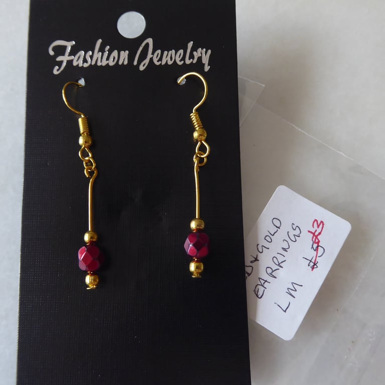 Gold Plated Earrings with Small Dark Red Faceted beads - Summer Seconds