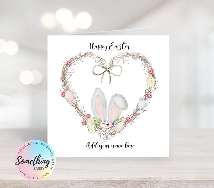 Personalised Easter Card - Watercolour Bunny Ears & Flowers