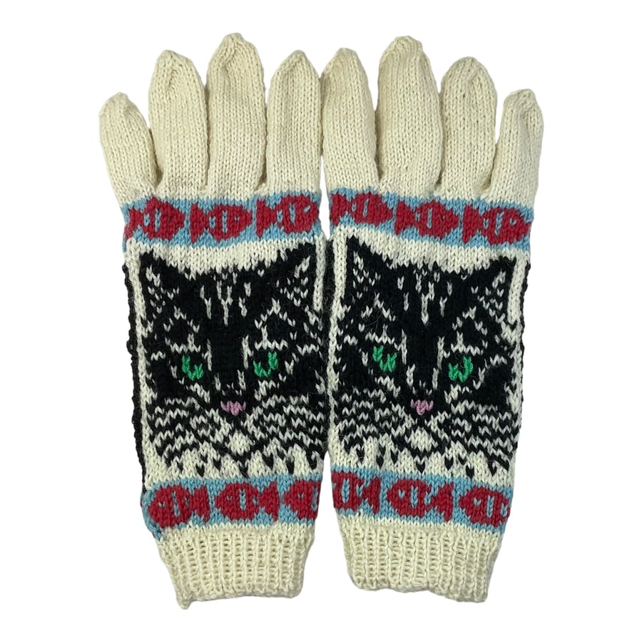 Gloves with cat hand knitted in pure wool, handmade gloves, cat lover gift