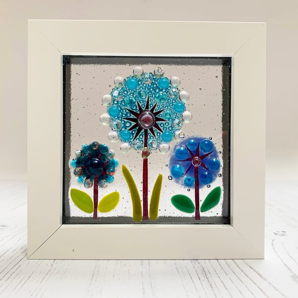 Fused Glass Triple Allium Picture - Freestanding Framed Fused Glass Picture