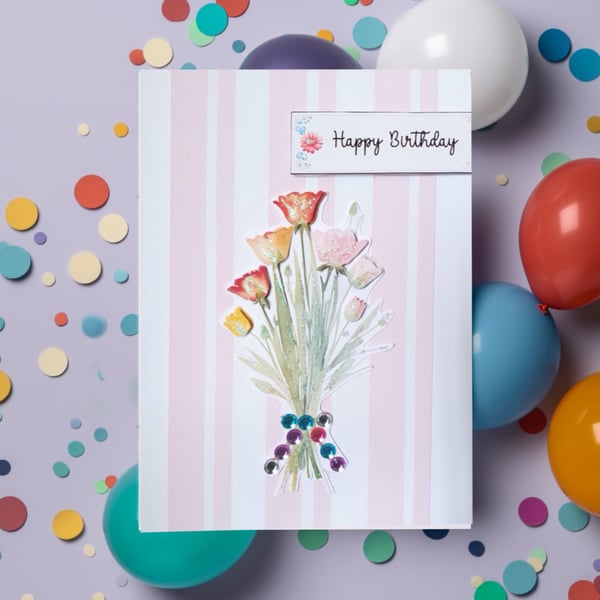 Pink Floral Luxury Birthday Card with Added Sparkle 