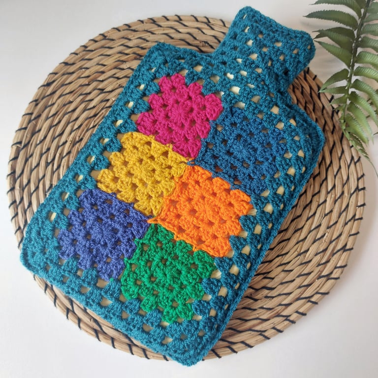 Crochet Hot Water Bottle Cover Granny Square Petrol Blue