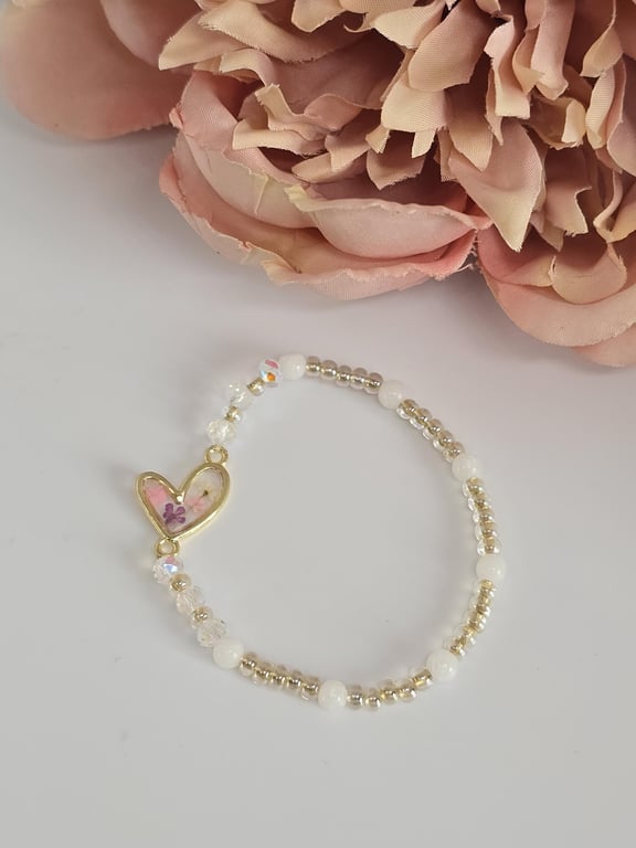 Beaded Bracelet with Resin Charm Real Preserved Flowers Jewellery Gift