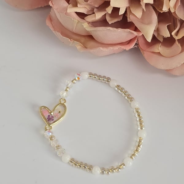 Beaded Bracelet with Resin Charm Real Preserved Flowers Jewellery Gift