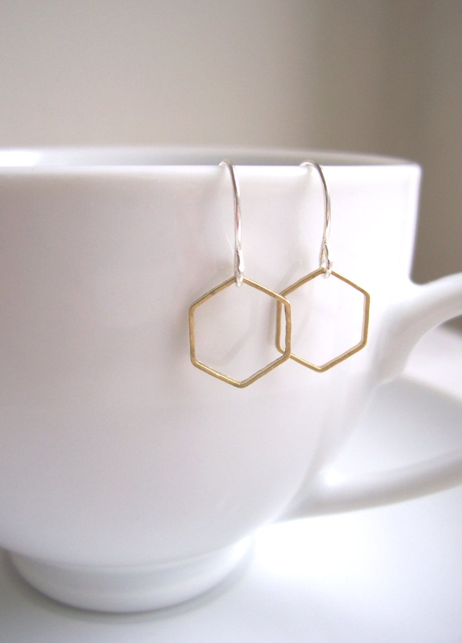 Delicate Honeycomb hexagon earrings - mixed metals golden brass and silver