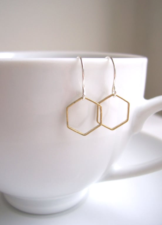 Delicate Honeycomb hexagon earrings - mixed metals golden brass and silver