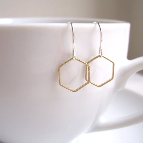 Delicate Honeycomb hexagon earrings - mixed metals golden brass and silver