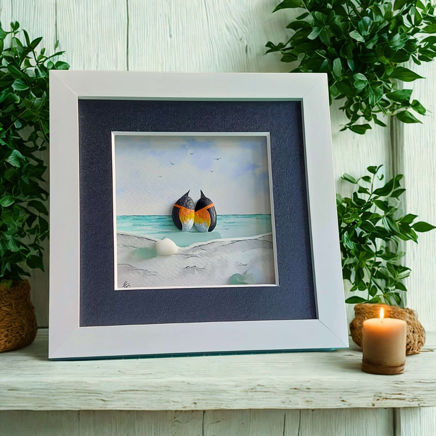 Pebble Penguin Coastal Art, Handmade Penguin Picture, One-of-a-Kind Seaside Gift