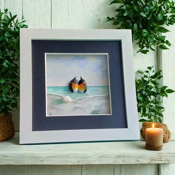 Pebble Penguin Coastal Art, Handmade Penguin Picture, One-of-a-Kind Seaside Gift
