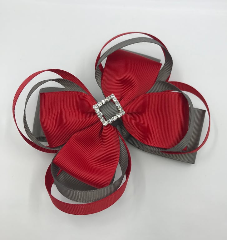 Large 5 inch Red and Grey Double Layer Bow with Double Loops