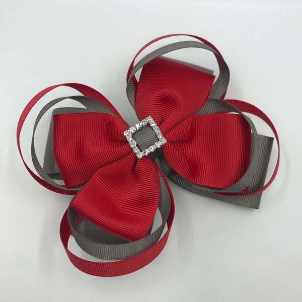 Large 5 inch Red and Grey Double Layer Bow with Double Loops