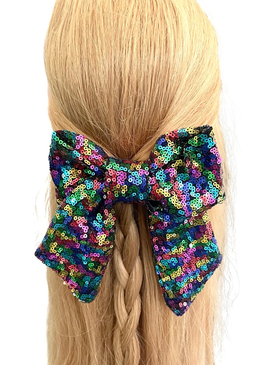 Rainbow sequin hair bow barrette clip for women Oversized long tail hair bow
