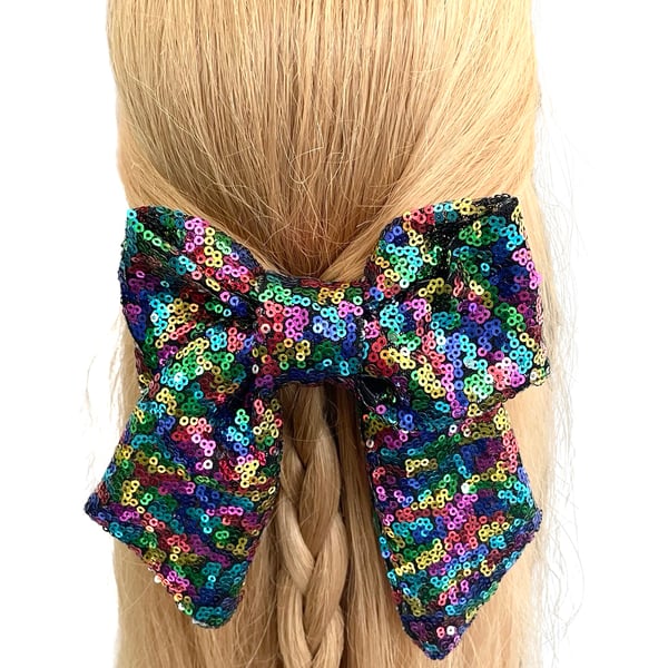 Rainbow sequin hair bow barrette clip for women Oversized long tail hair bow