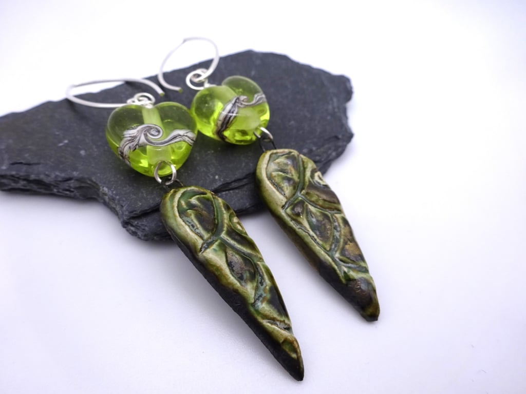 bright green heart lampwork glass earrings