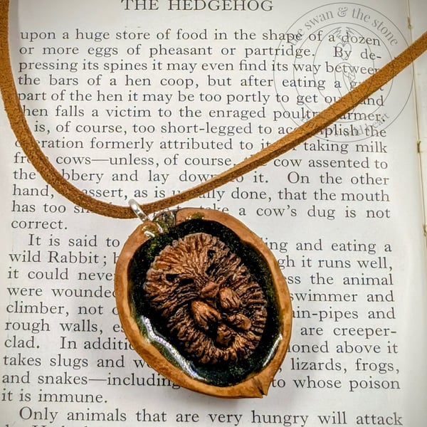 Handmade Hedgehog Wildlife Pendant - Cast in Bronze Resin, Polished Walnut Shell