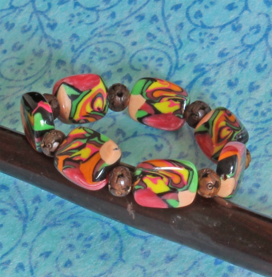 SALE - Bead Bracelet -  Handmade Polymer Clay Beads - Colourful Tropical Vibes