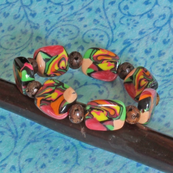 SALE - Bead Bracelet -  Handmade Polymer Clay Beads - Colourful Tropical Vibes