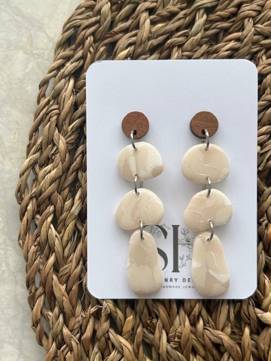 Elegant Neutral Polymer Clay Dangle Earrings with Walnut Studs