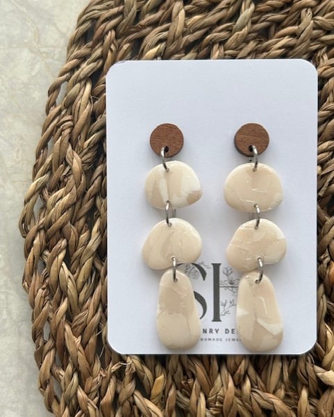 Elegant Neutral Polymer Clay Dangle Earrings with Walnut Studs