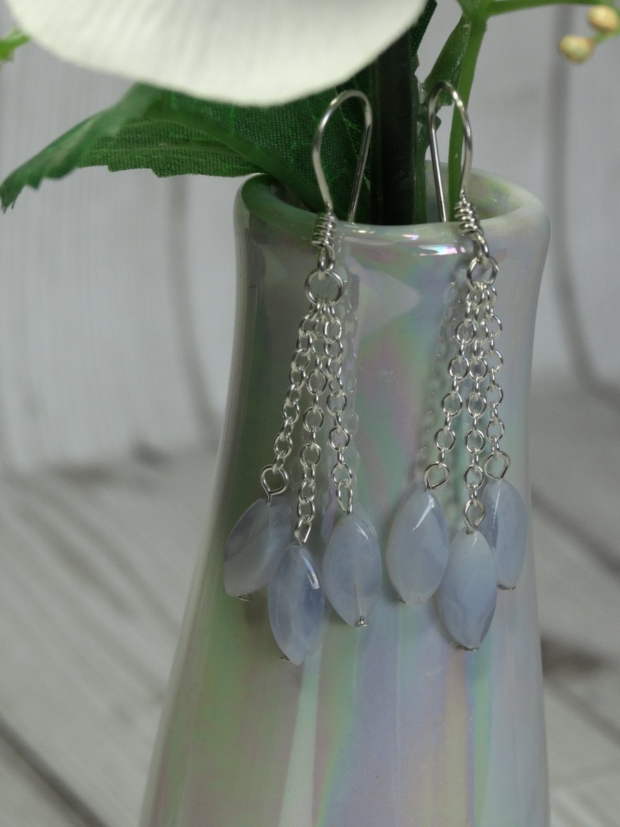 Blue lace agate bead and chain drop earrings throat chakra calming