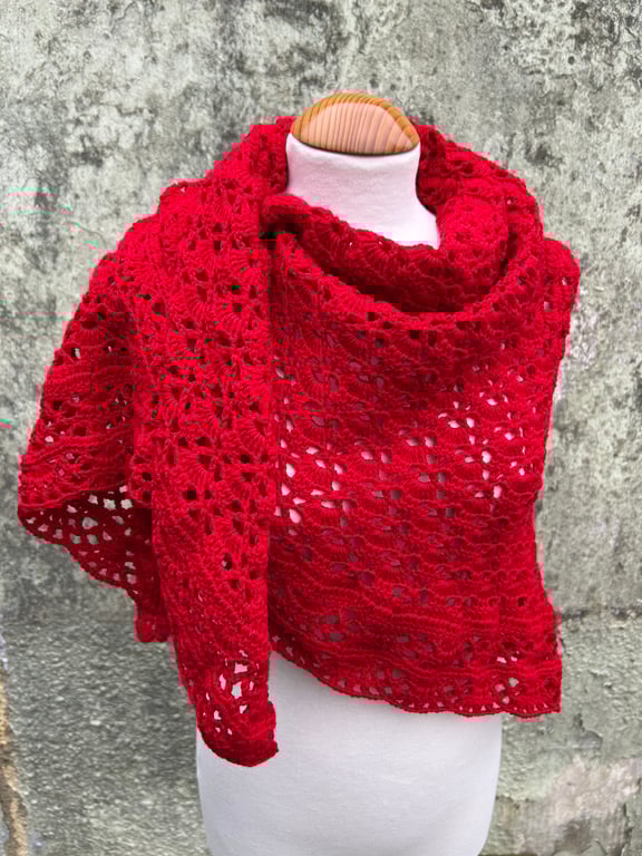 Red soft Merino Wool Triangle Handmade Lace Shawl Scarf Wrap