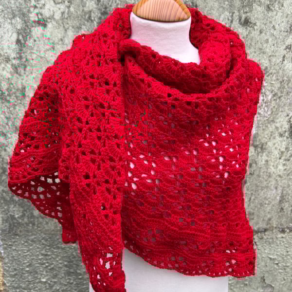 Red soft Merino Wool Triangle Handmade Lace Shawl Scarf Wrap
