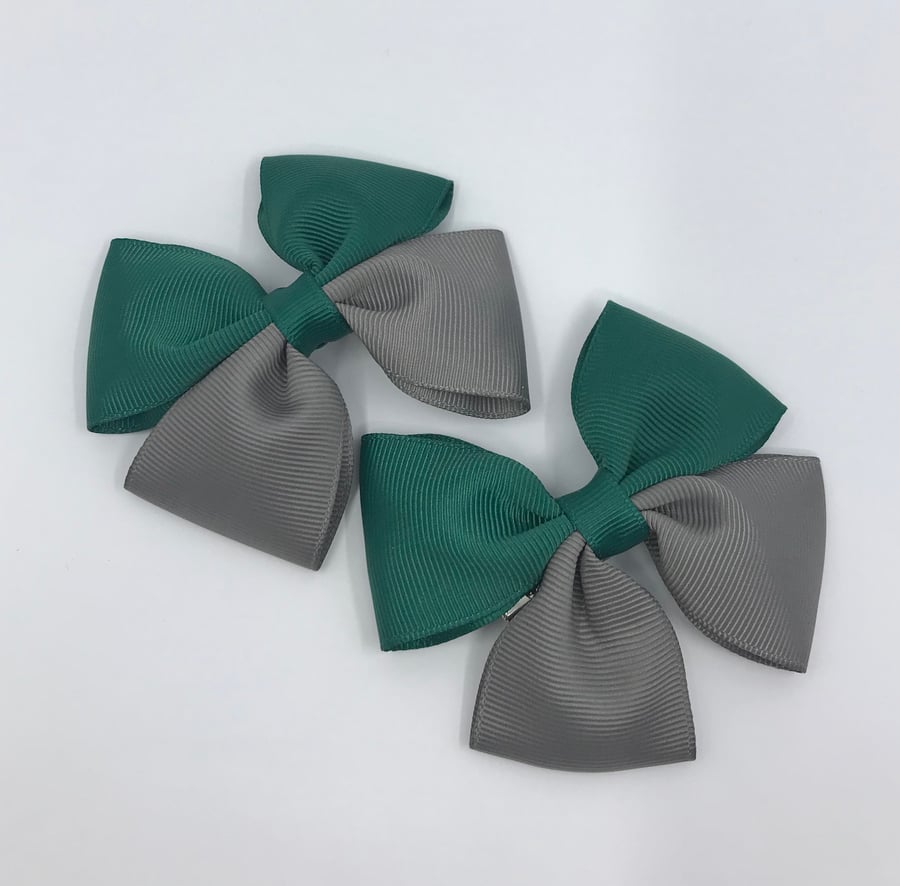 School Hunter Green and Grey Two Tone Double with Bows on Clips (pair)