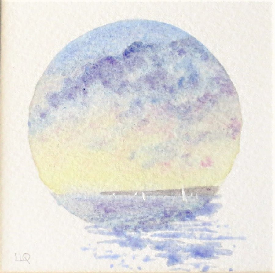 Original watercolour painting vignette sunset across the bay