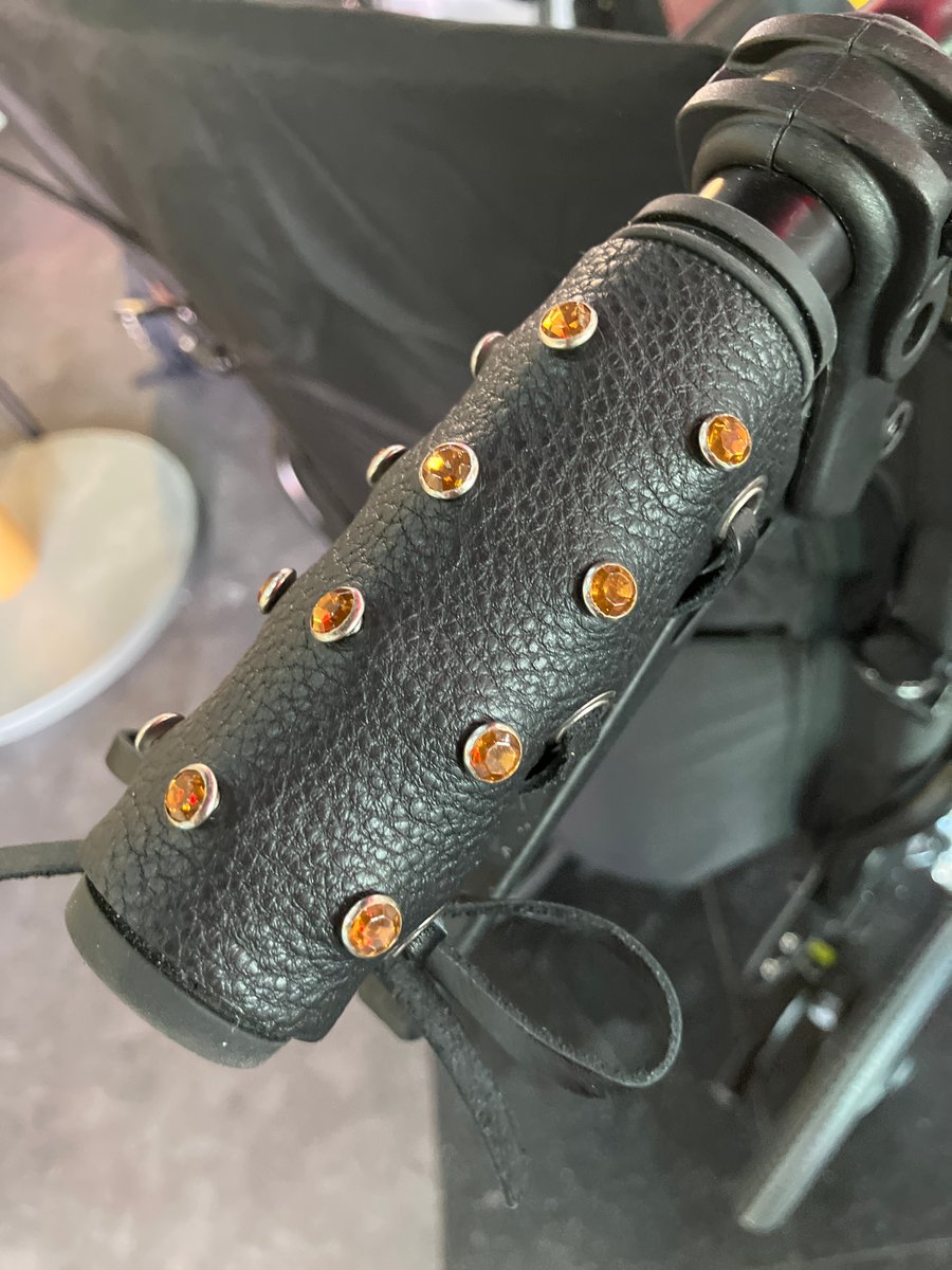 Black Leather Wheelchair Handle Decorations with Orange Gemstones