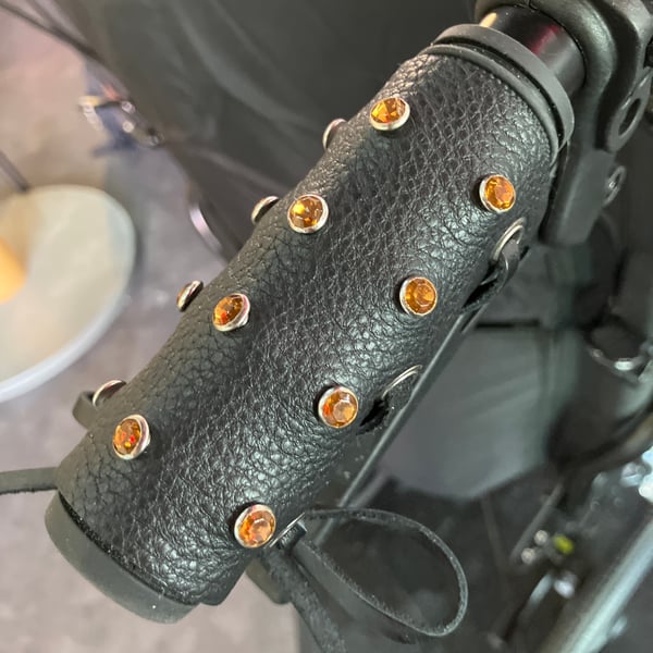 Black Leather Wheelchair Handle Decorations with Orange Gemstones