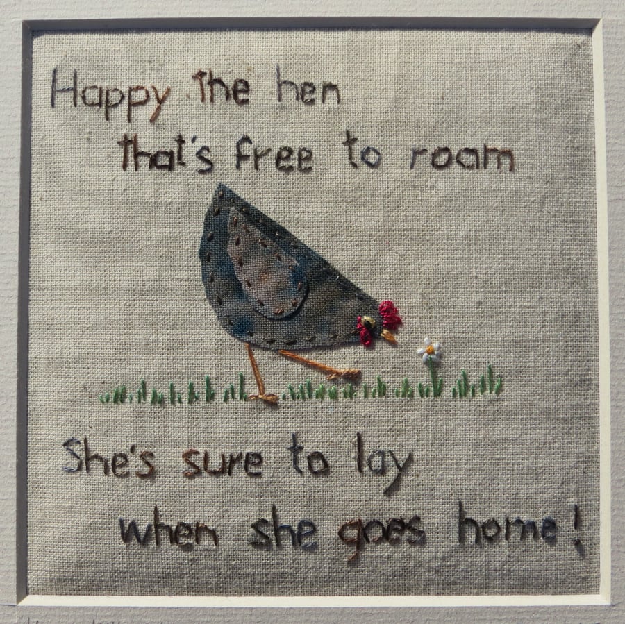 Happy Little Hen framed hand-stitched original work, a gift to last a lifetime!