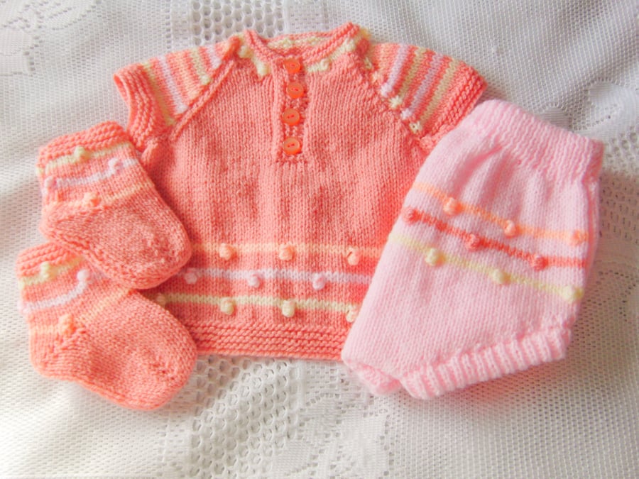 Hand Knitted 3 Piece Dress Pants and Socks Set for a Baby Girl, Baby Shower Gift