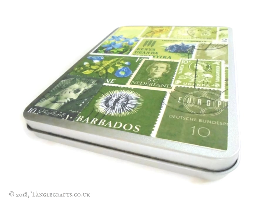 Green Stationery Storage Tin with hinged lid, Postage Stamp Art -for A6 size etc