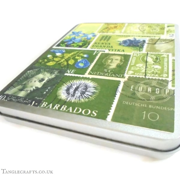 Green Stationery Storage Tin with hinged lid, Postage Stamp Art -for A6 size etc