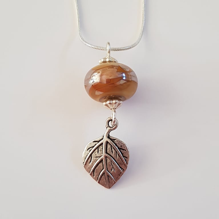 Lampwork Glass Leaf Necklace - Autumn Brown Bead and Silver Leaf Pendant