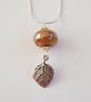 Lampwork Glass Leaf Necklace - Autumn Brown Bead and Silver Leaf Pendant