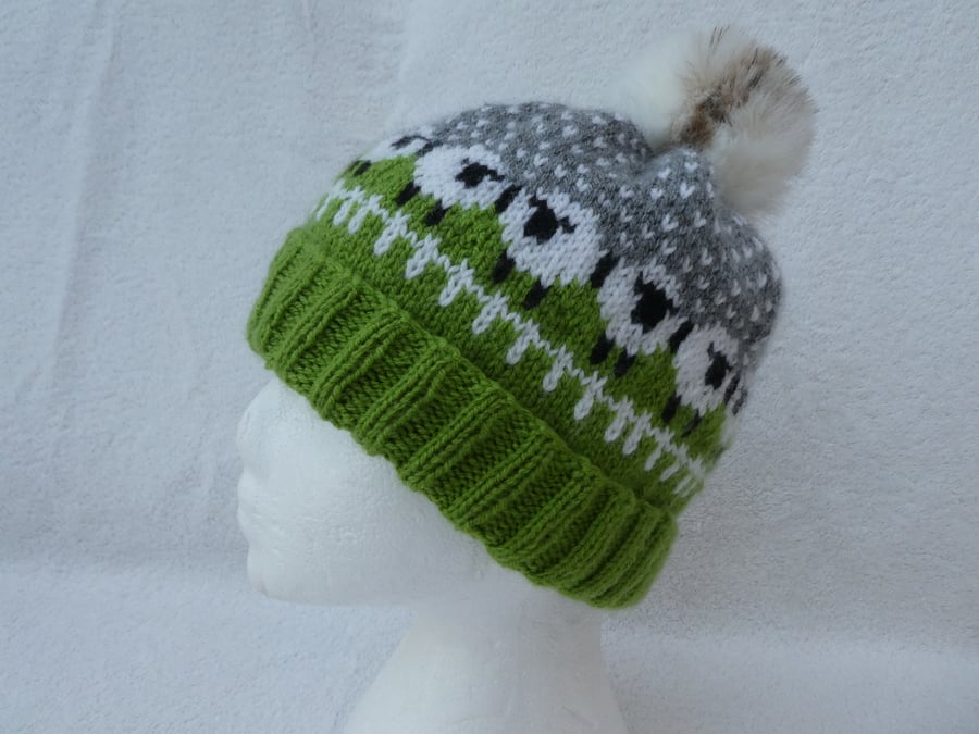 Sheep Bobble Hat with Faux Fur Pompom. Green Field Sheep Hat. Sheep Bobble Hat