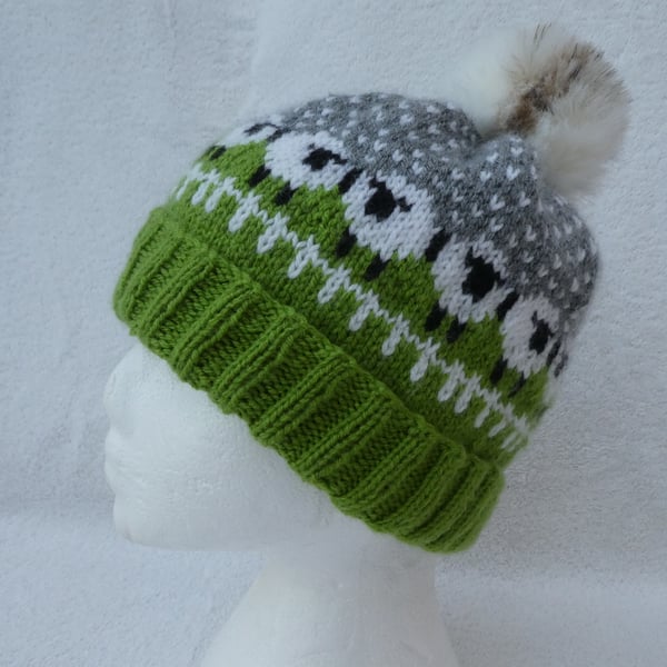 Sheep Bobble Hat with Faux Fur Pompom. Green Field Sheep Hat. Sheep Bobble Hat