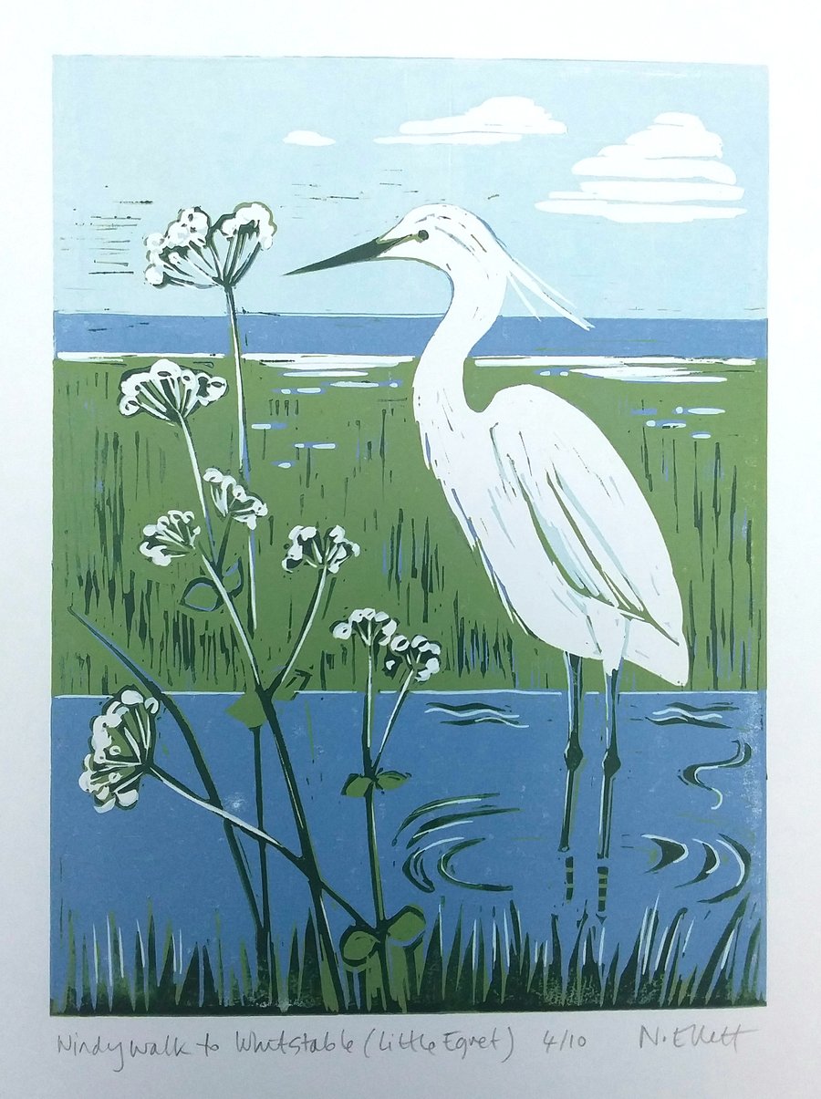 Windy walk to Whitstable (Little Egret) - linoprint