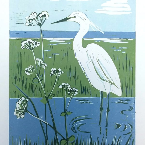 Windy walk to Whitstable (Little Egret) - linoprint