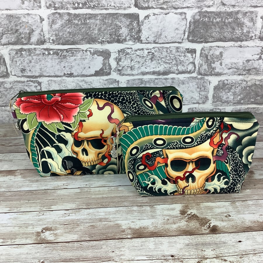 Gothic Skulls and Snakes Zip case, Makeup bag, 2 size options, Handmade