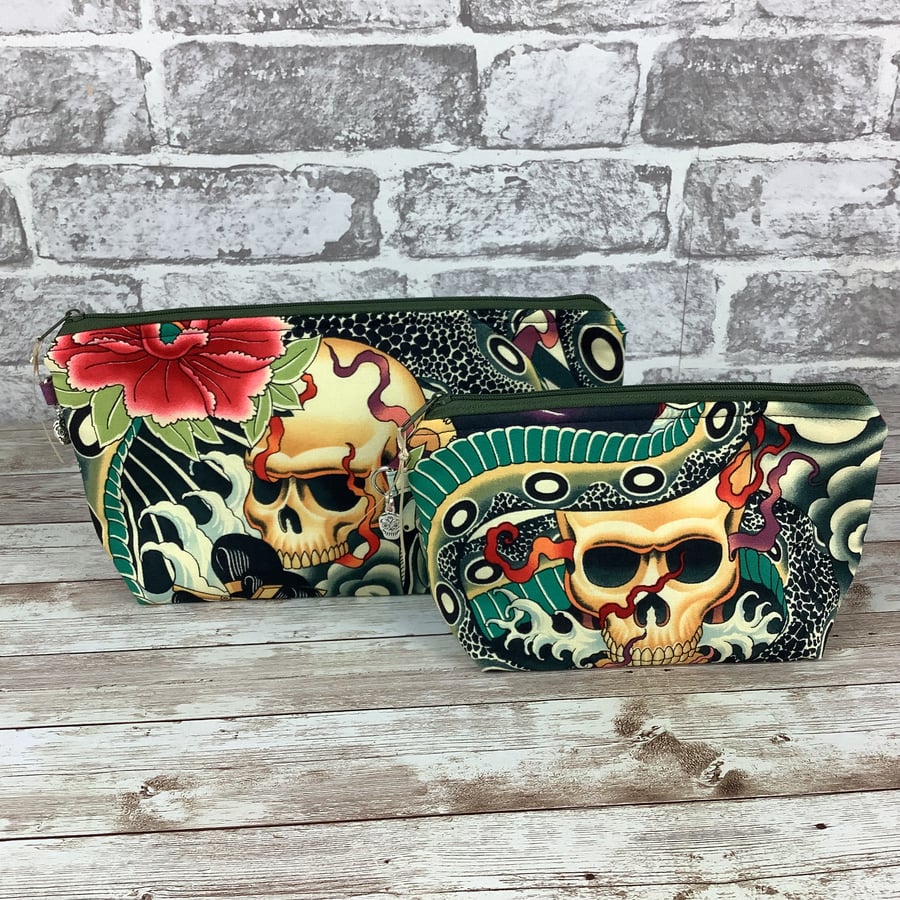 Skulls makeup bag, Oriental gothic zip bag, 2 size options, Handmade