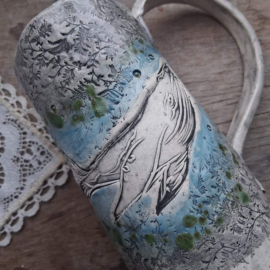 handmade stoneware rustic coffee mug, whale blue meadow glaze ceramic pottery 