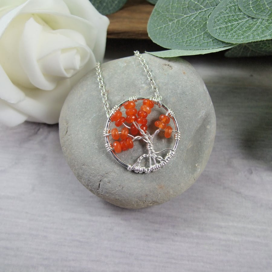 Carnelian Tree of Life Pendant. Sterling Silver and Gemstone Necklace