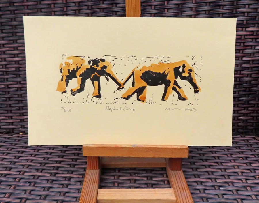 Elephant Chase Limited Edition Hand-Pulled Linocut Art Print 