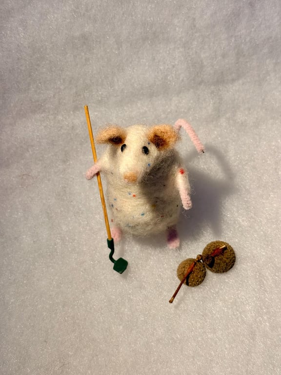 Felted mouse - White rainbow drop fur, with or without garden hoe