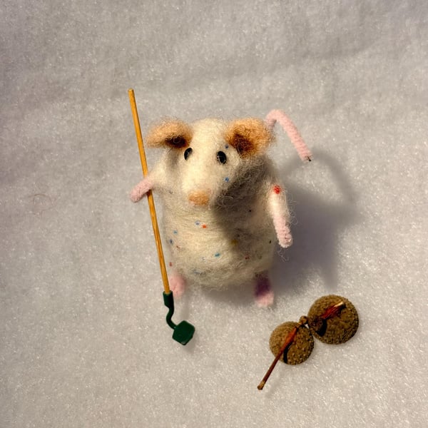 Felted mouse - White rainbow drop fur, with or without garden hoe