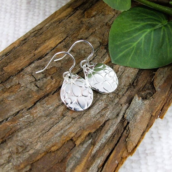 Earrings, Sterling Silver Flower Pattern Rustic Shape Droppers