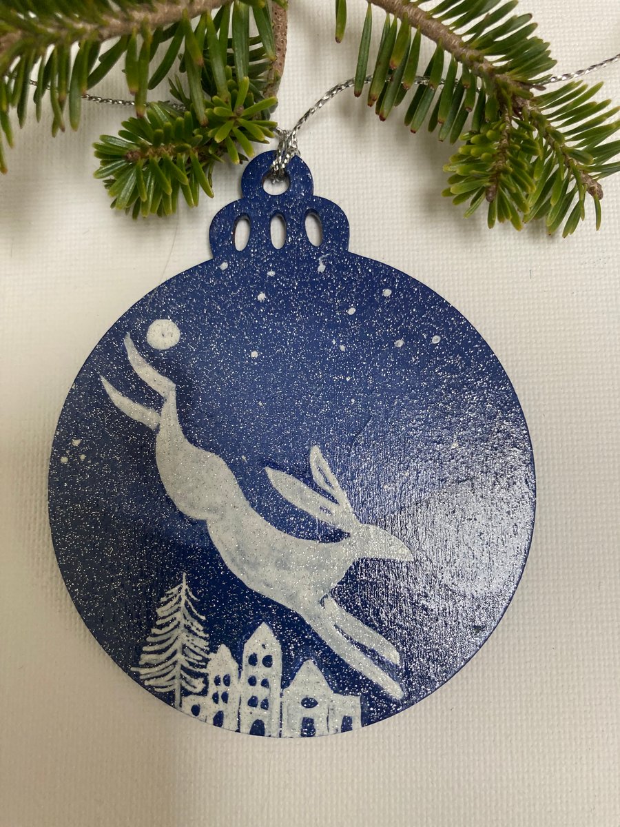  Leaping White Hare Yuletide Yule Hanging Decoration Wood Hand Painted Unique