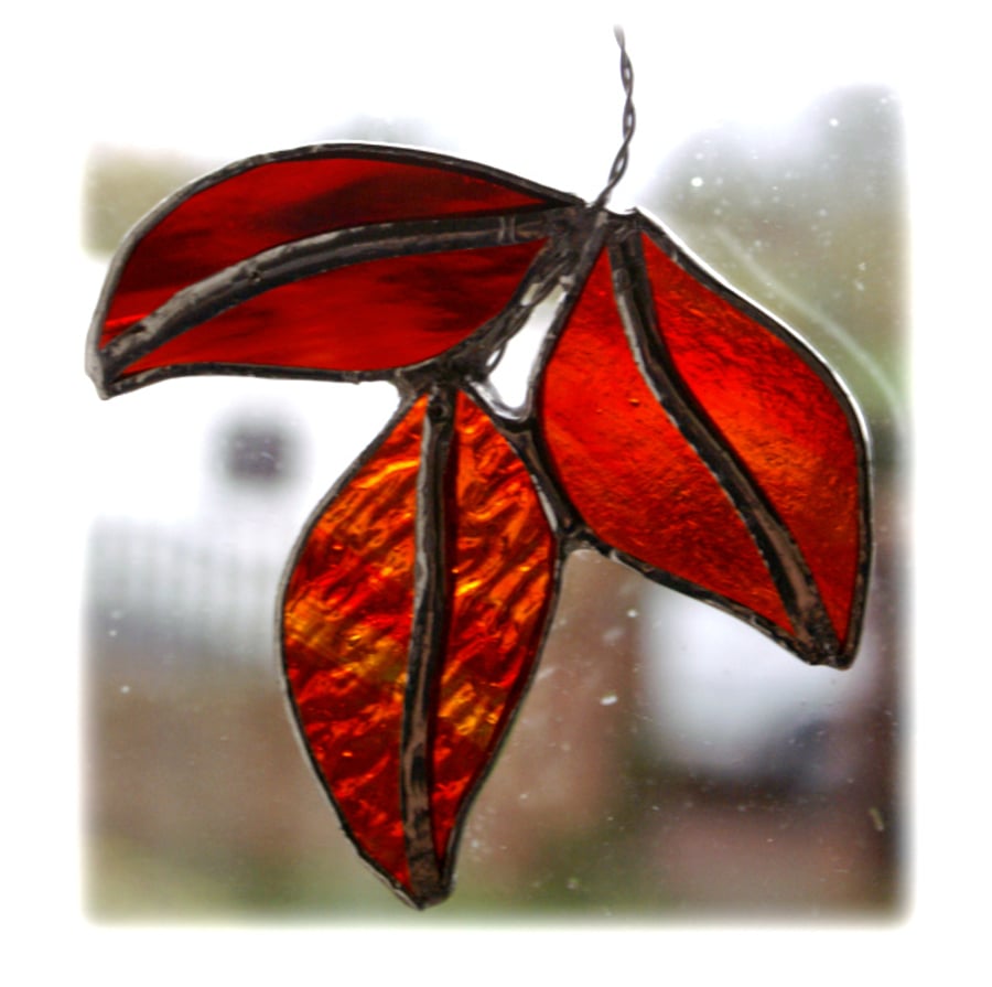 Autumn Leaves Suncatcher Stained Glass Amber Red Trio